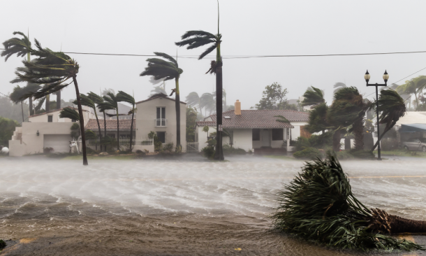 Flooding residential street during coastal hurricane